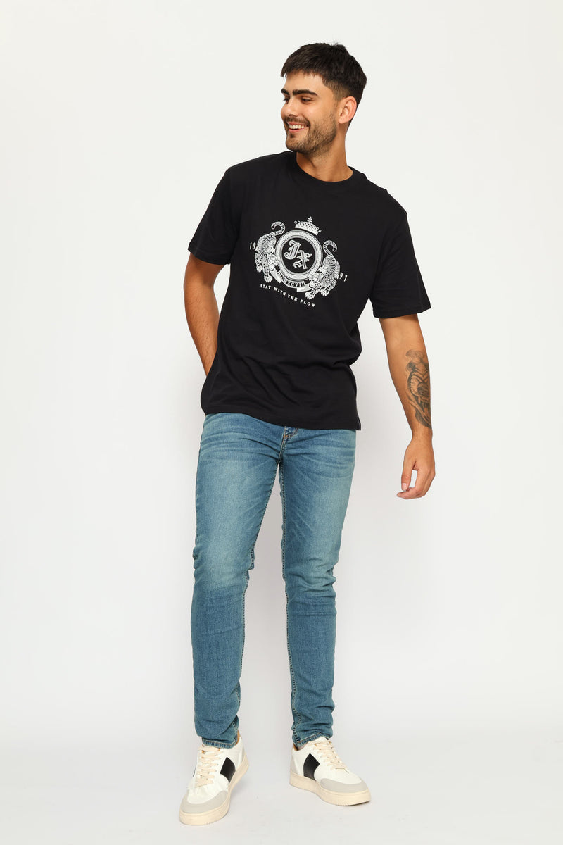 Tiger Front Chest Print Tee - Black