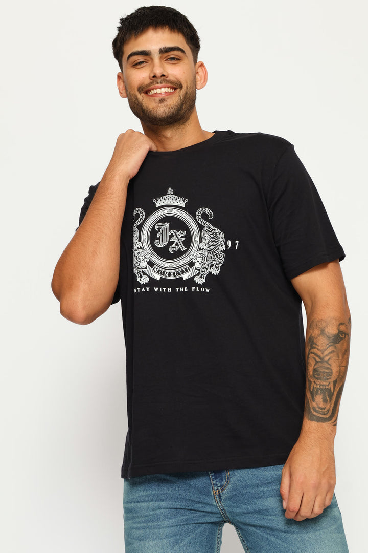 Tiger Front Chest Print Tee - Black