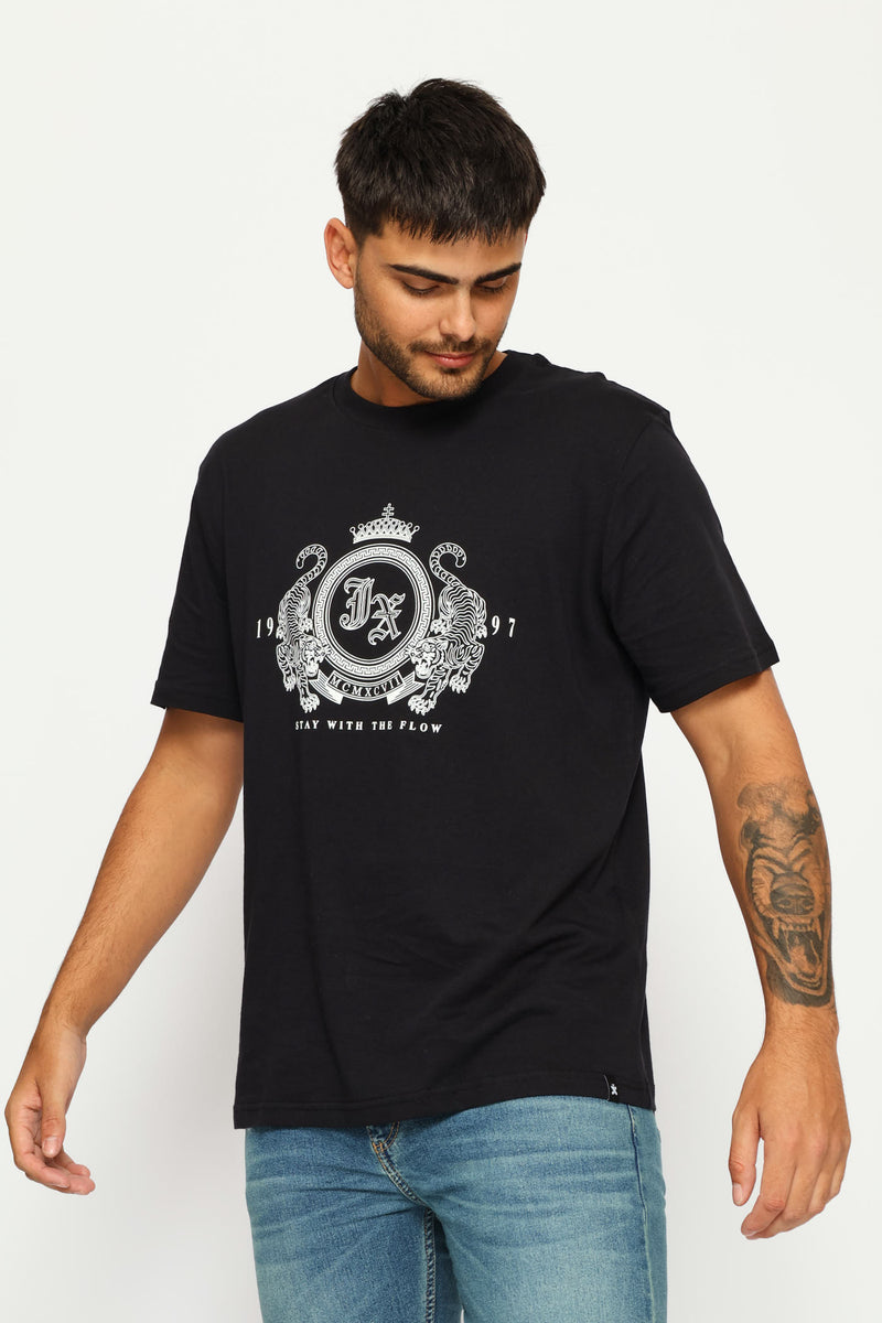 Tiger Front Chest Print Tee - Black