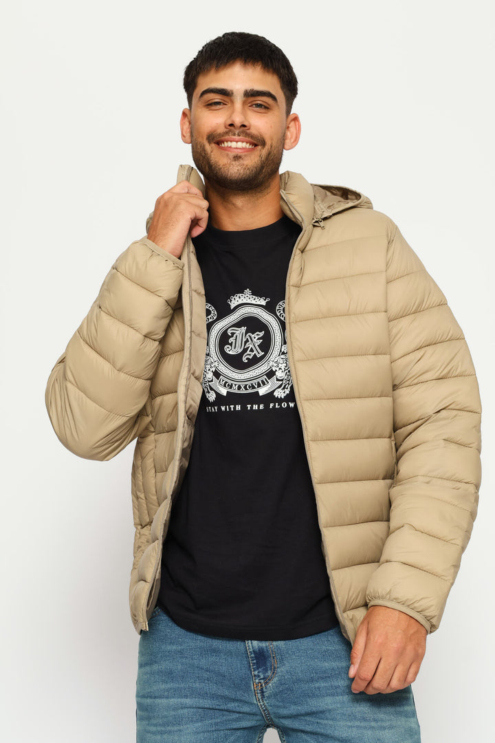 Basic Hooded Puffer Jacket - Taupe