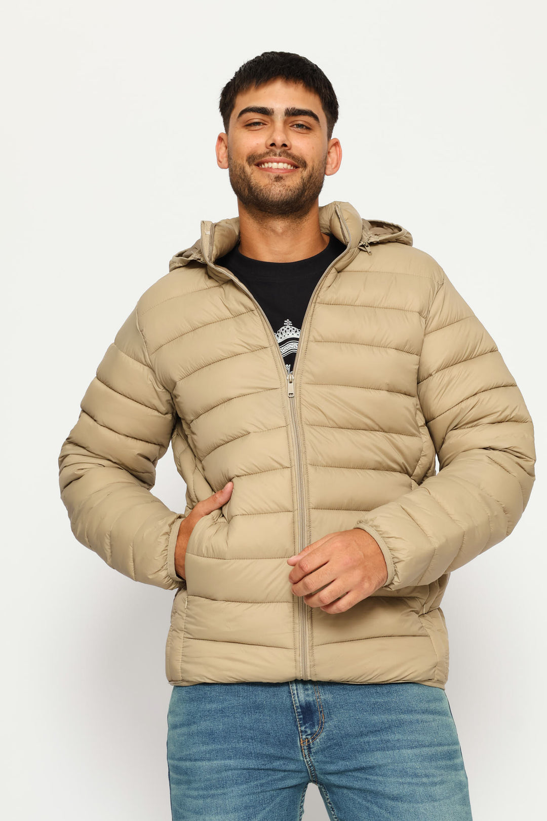Basic Hooded Puffer Jacket - Taupe