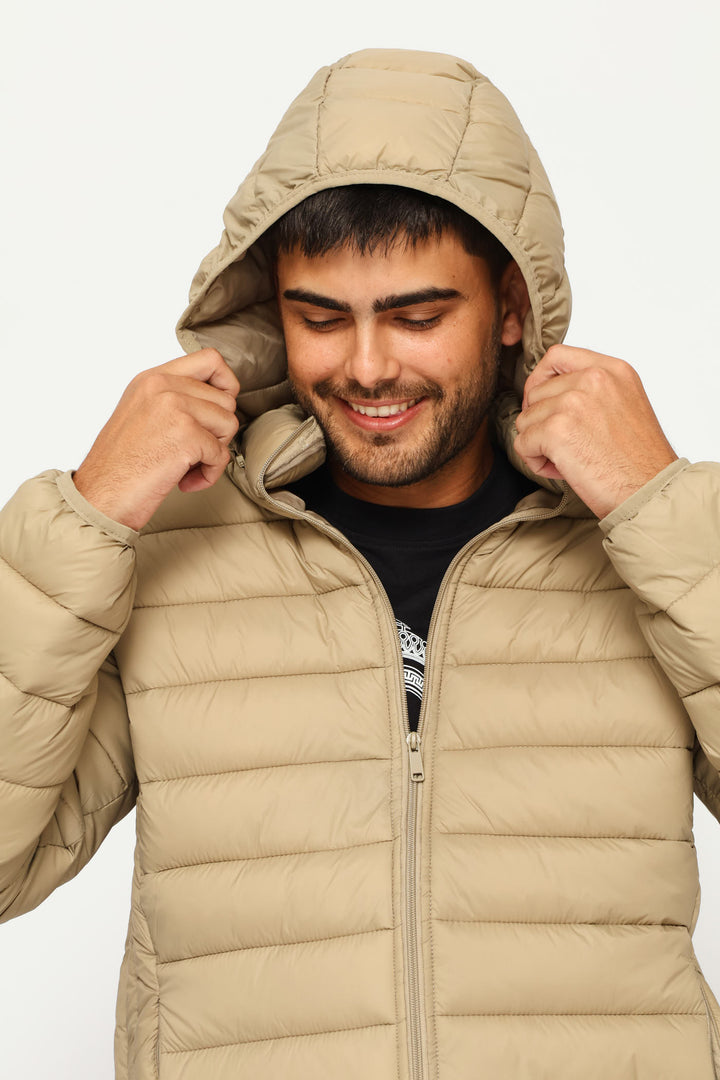 Basic Hooded Puffer Jacket - Taupe