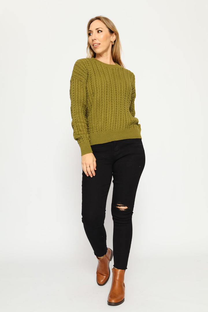 Long Sleeve Cable Pullover - Chartreuse