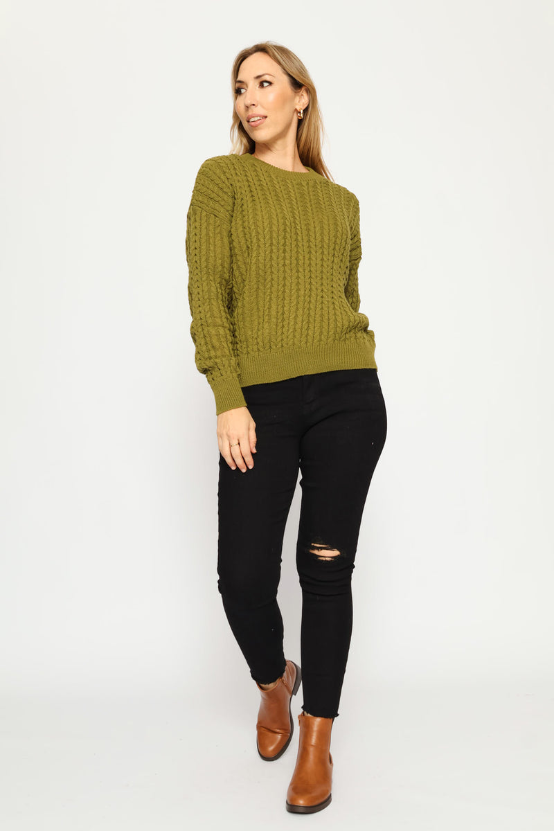 Long Sleeve Cable Pullover - Chartreuse