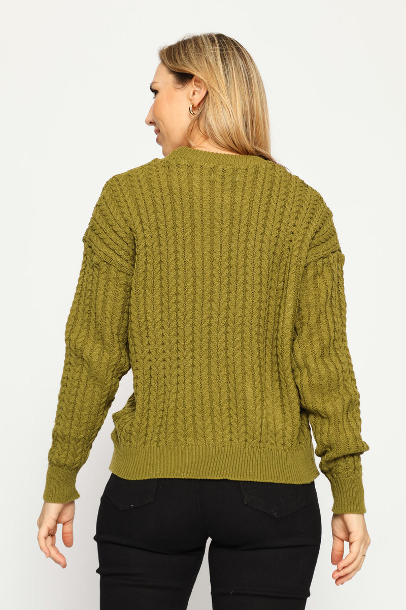 Long Sleeve Cable Pullover - Chartreuse