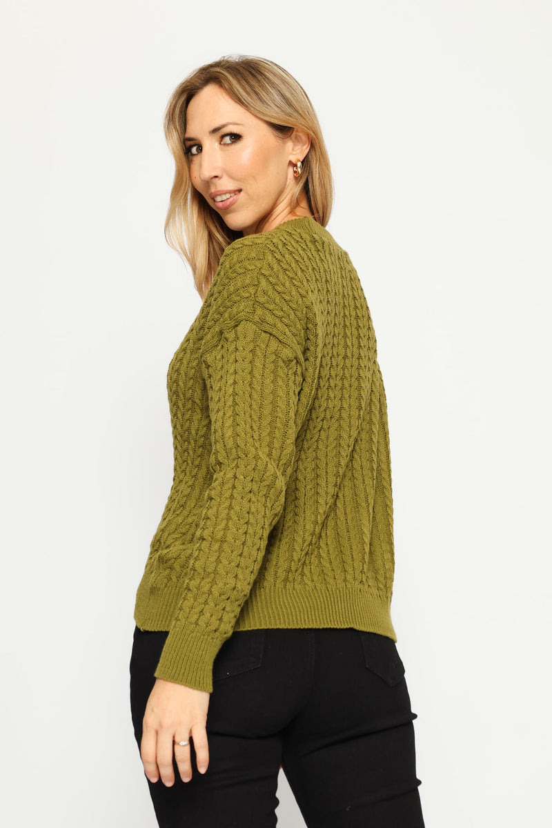 Long Sleeve Cable Pullover - Chartreuse