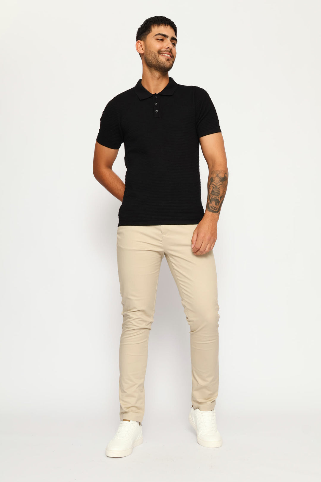 Textured Knit Button Golfer - Black