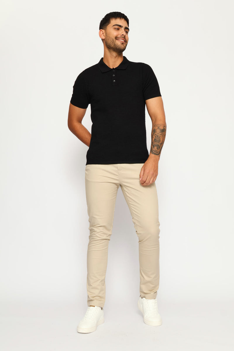 Textured Knit Button Golfer - Black
