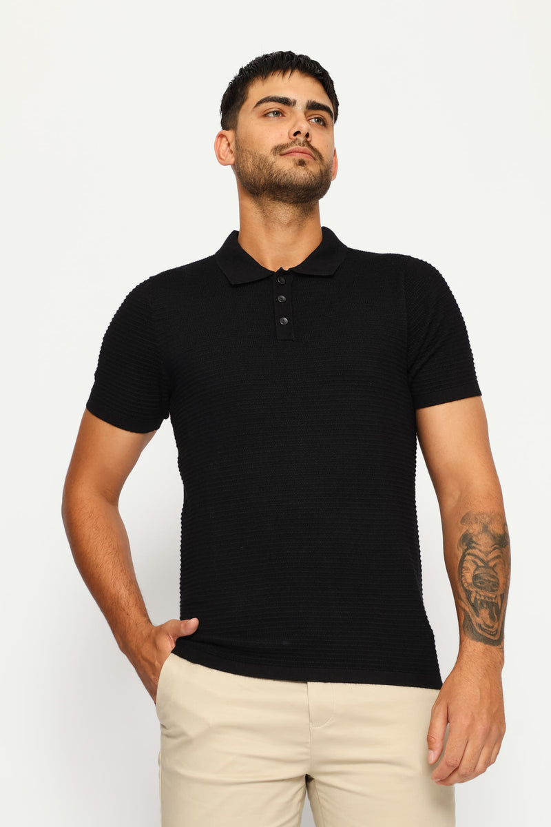 Textured Knit Button Golfer - Black
