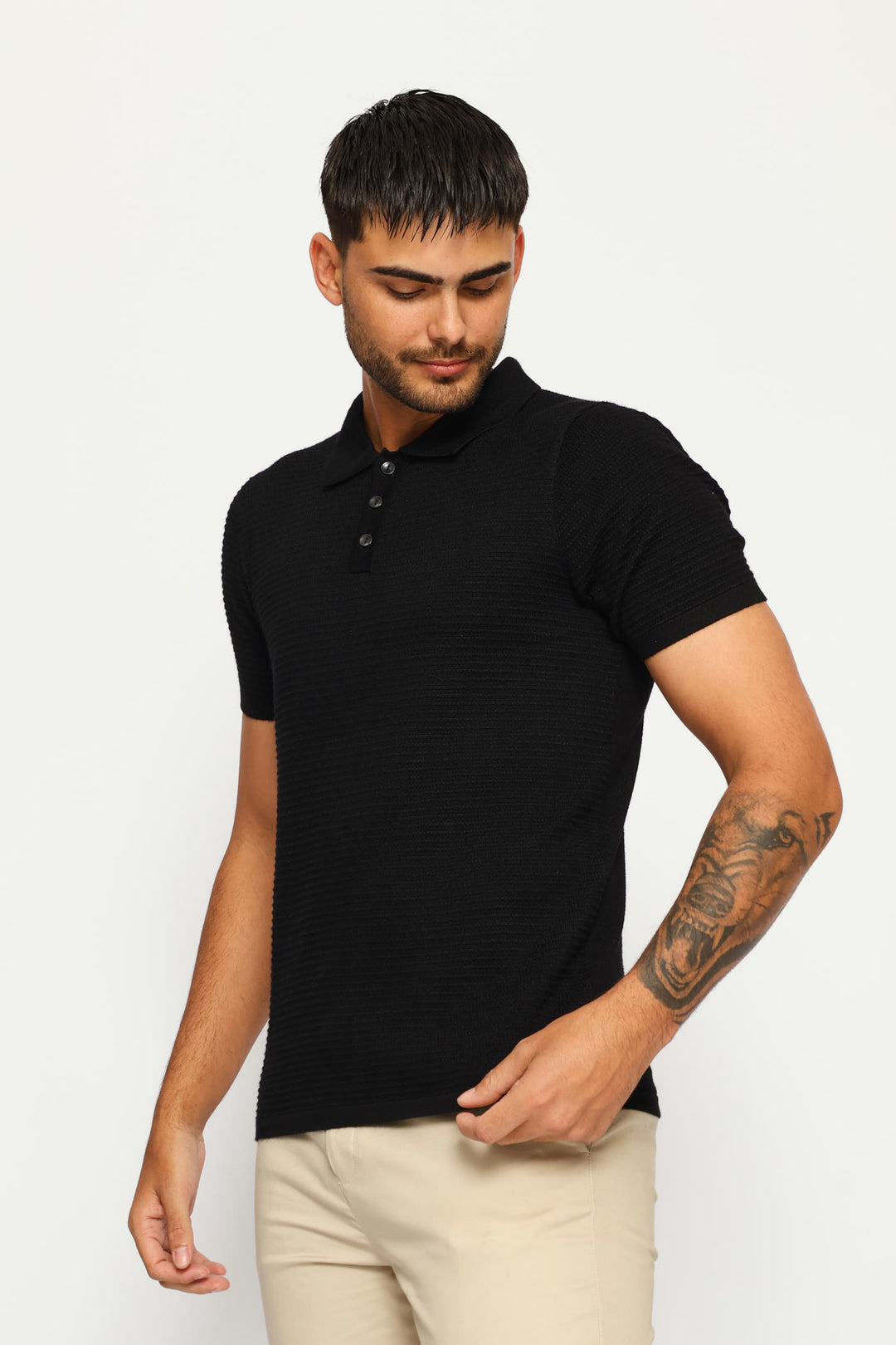 Textured Knit Button Golfer - Black