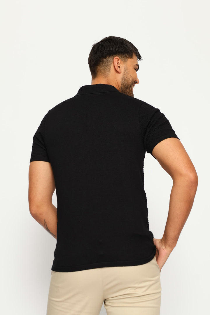 Textured Knit Button Golfer - Black