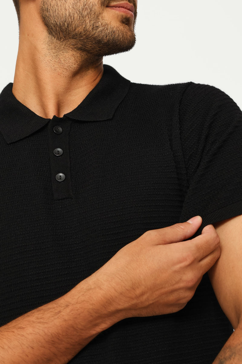 Textured Knit Button Golfer - Black