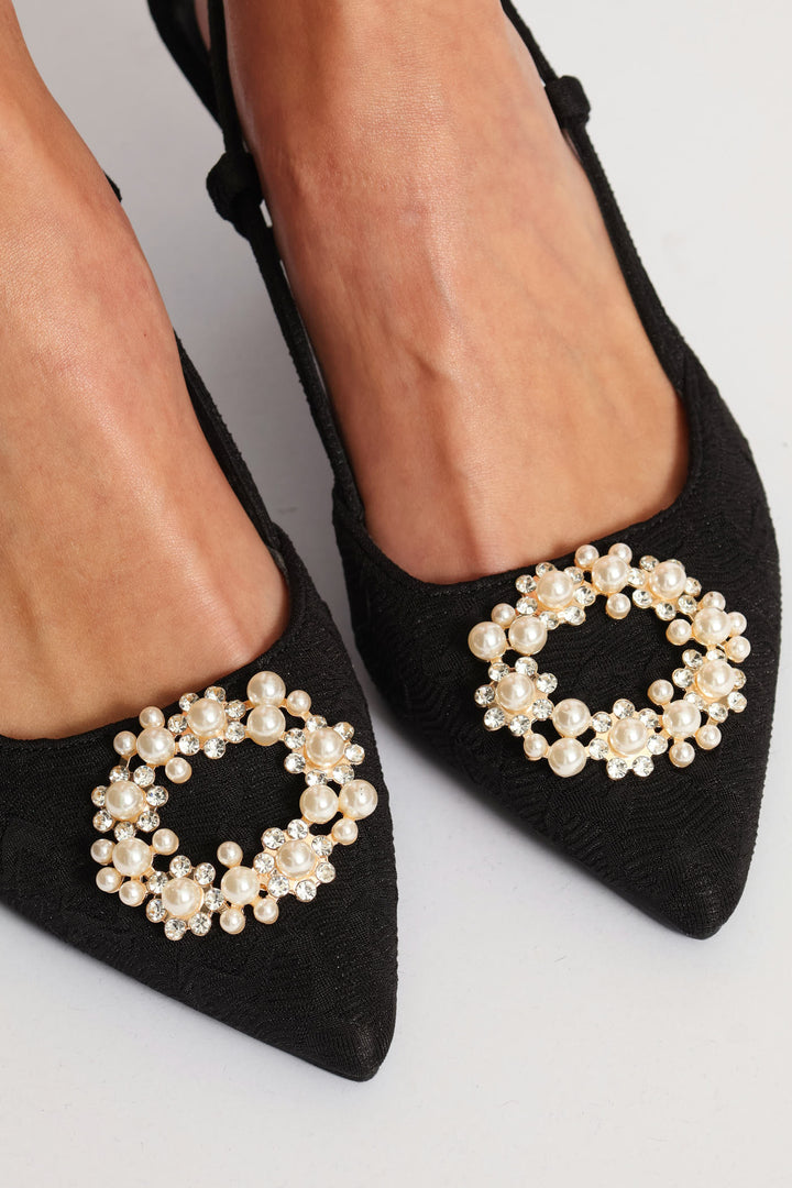 Raffia Slingback Diamante Kitten Heel - Black