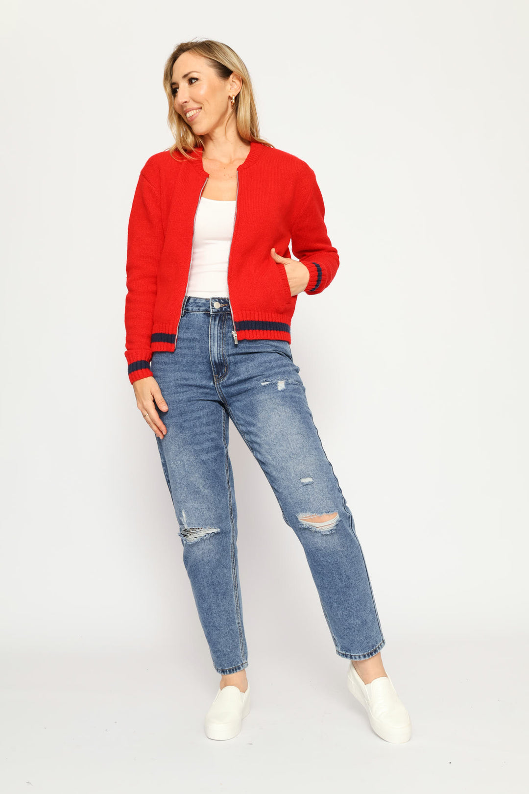Zip Through Academia Bomber - Bright Red