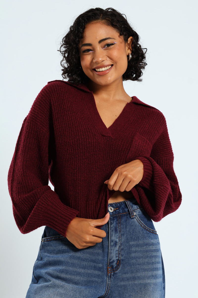 Pocket Collar Knitwear - Burgundy