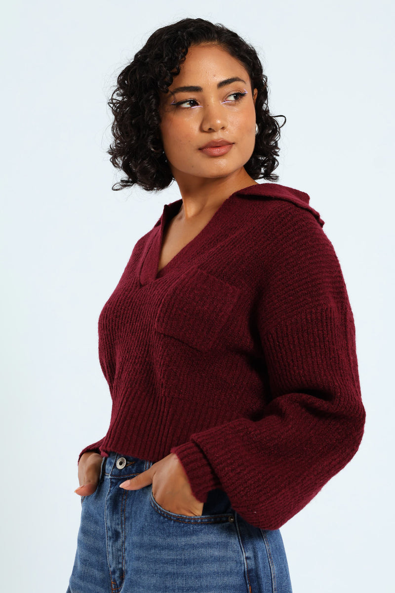 Pocket Collar Knitwear - Burgundy