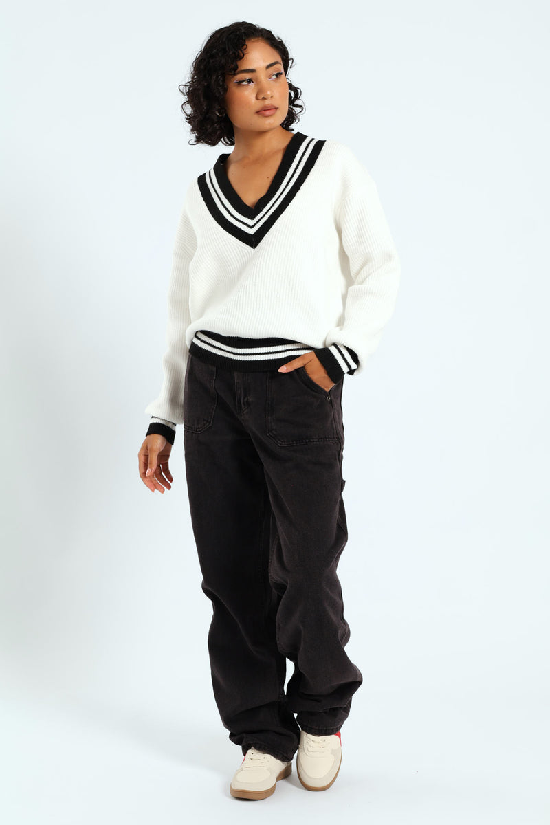 Oversized Tipped V-Neck Pullover - Cream