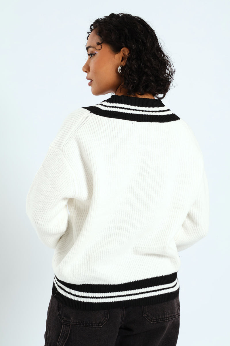 Oversized Tipped V-Neck Pullover - Cream