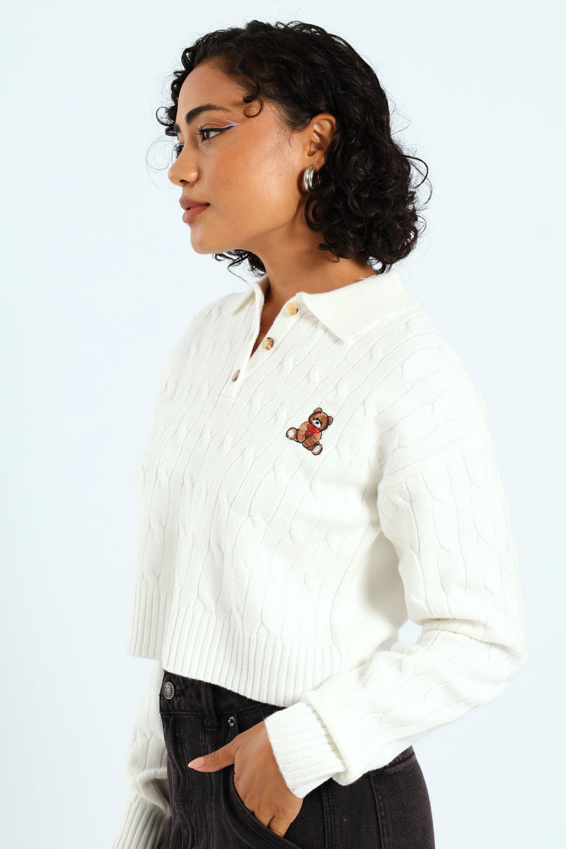 Cable Collar Teddy Knitwear - Cream