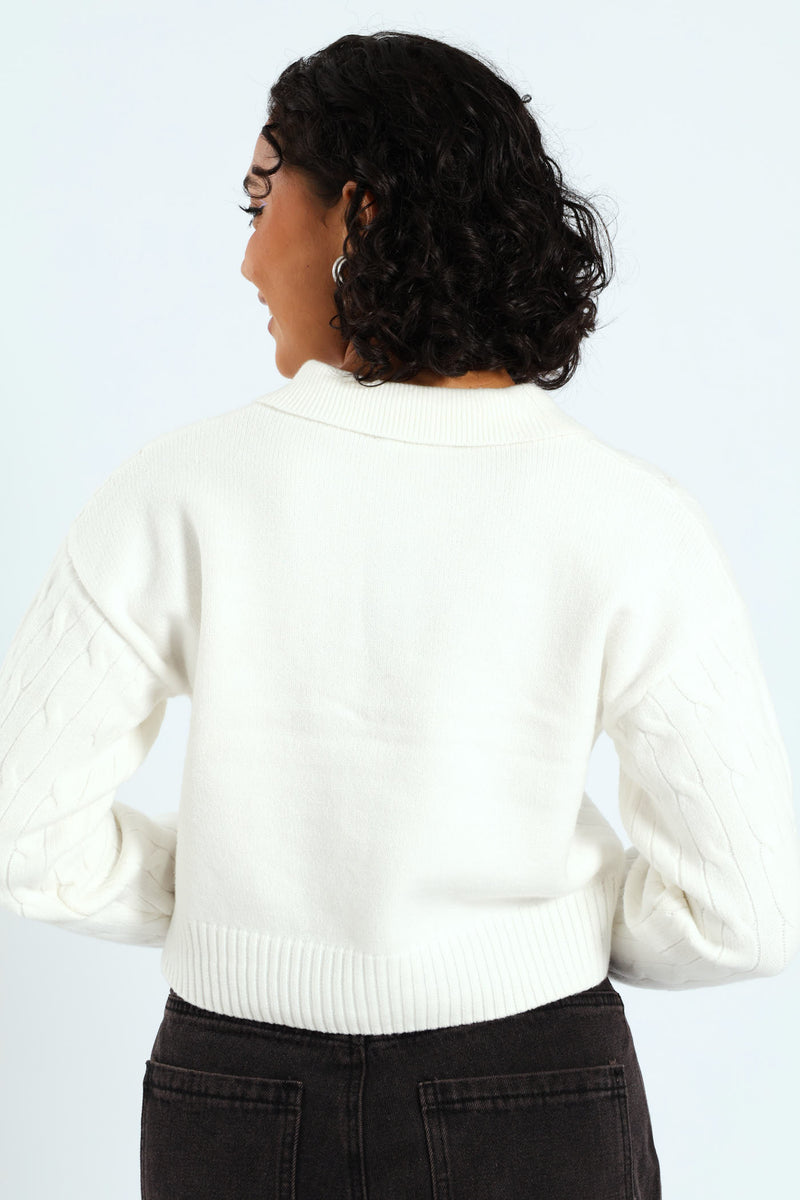 Cable Collar Teddy Knitwear - Cream