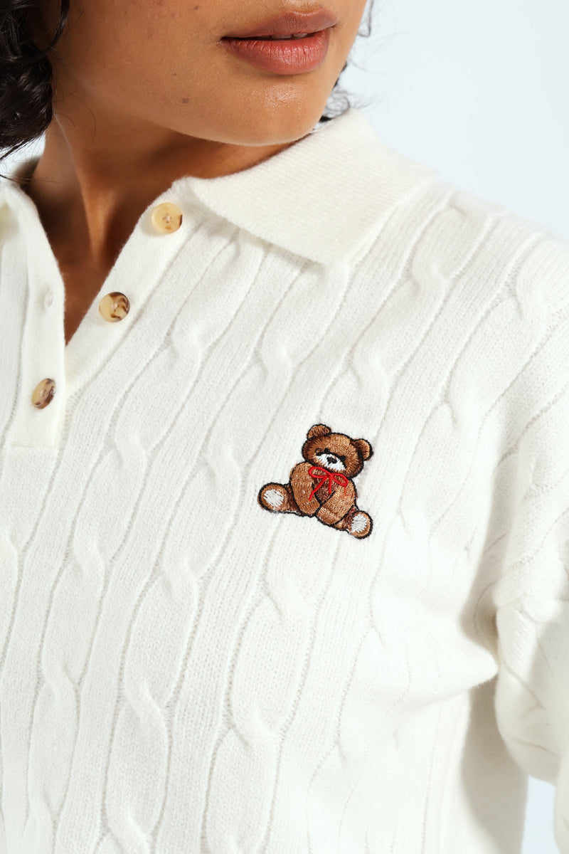 Cable Collar Teddy Knitwear - Cream