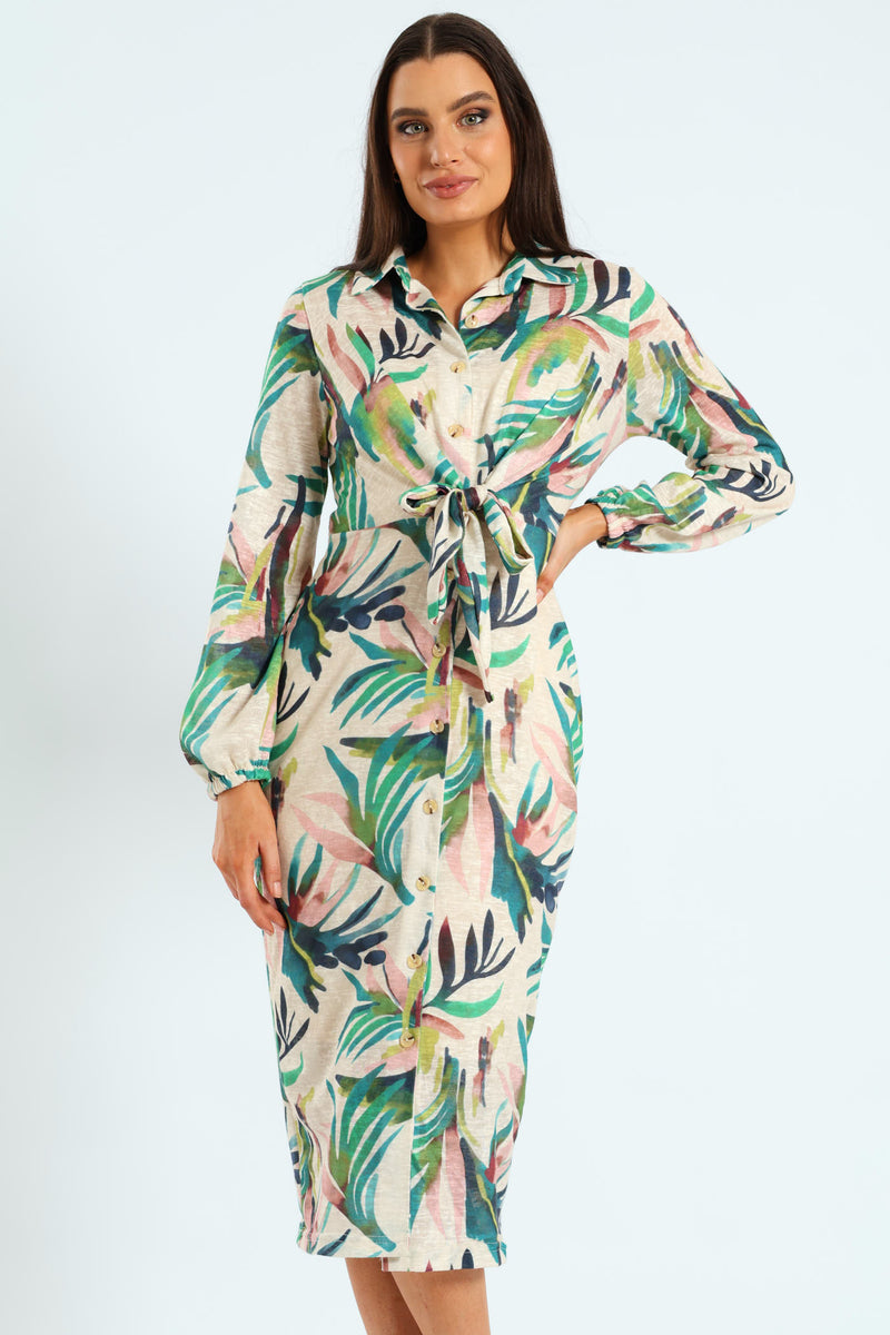 Tie Front Cut & Sew Midaxi Shirt Dress
