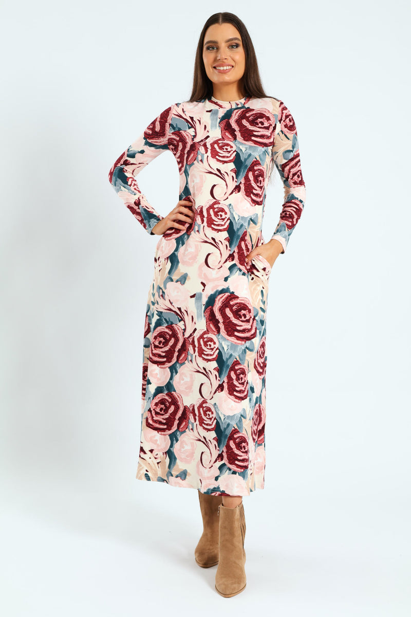 Printed A-Line Midaxi Dress - Grape/White