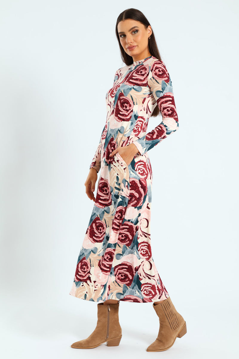 Printed A-Line Midaxi Dress - Grape/White