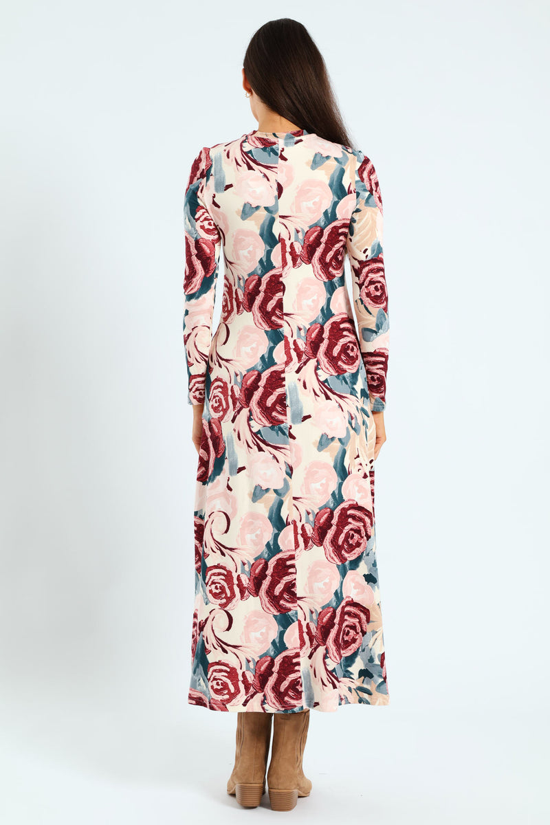 Printed A-Line Midaxi Dress - Grape/White