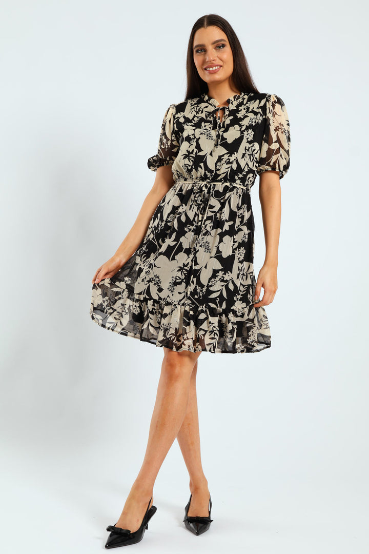 Frill Neck Puff Sleeve Tea Dress - Black