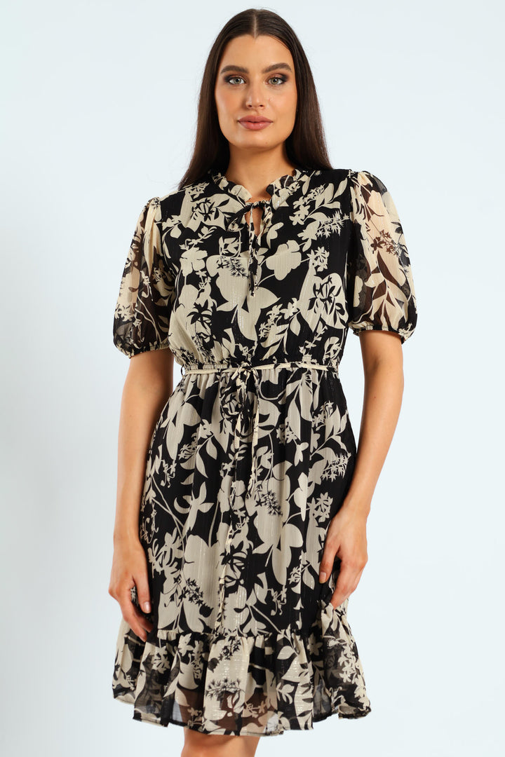 Frill Neck Puff Sleeve Tea Dress - Black