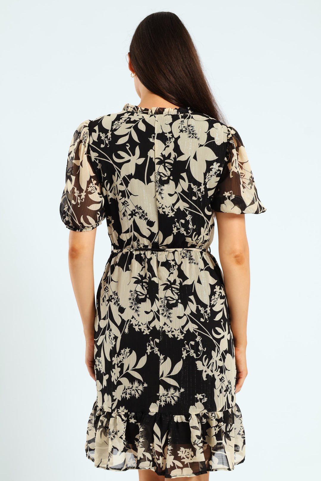 Frill Neck Puff Sleeve Tea Dress - Black