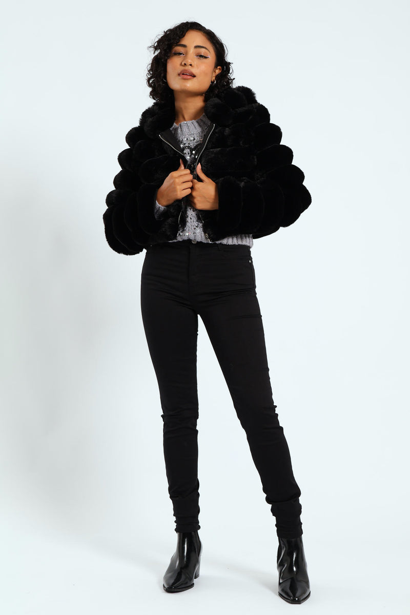 Faux Fur Quilted Hooded Jacket - Black