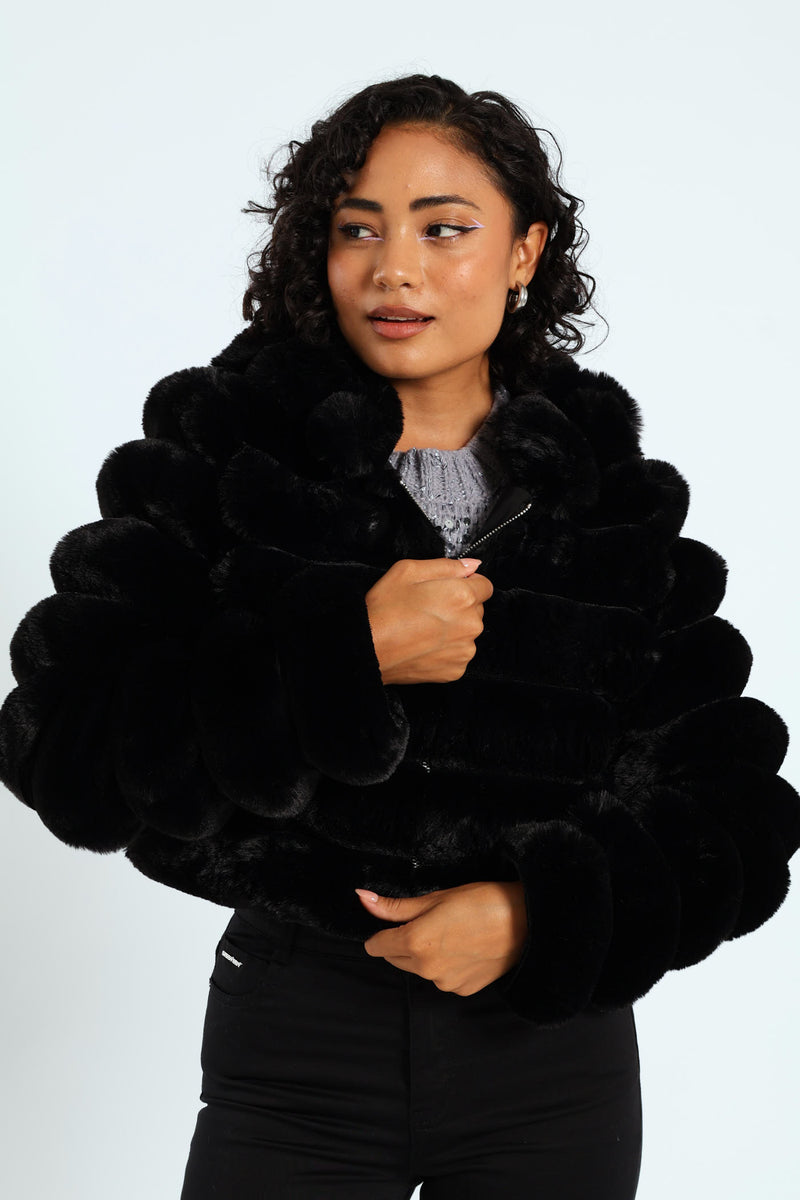 Faux Fur Quilted Hooded Jacket - Black