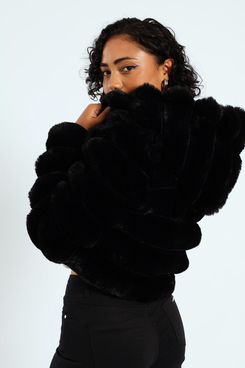 Faux Fur Quilted Hooded Jacket - Black