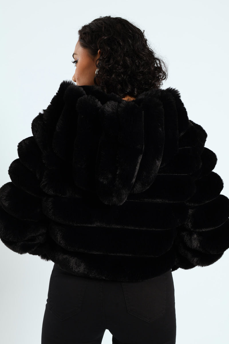 Faux Fur Quilted Hooded Jacket - Black