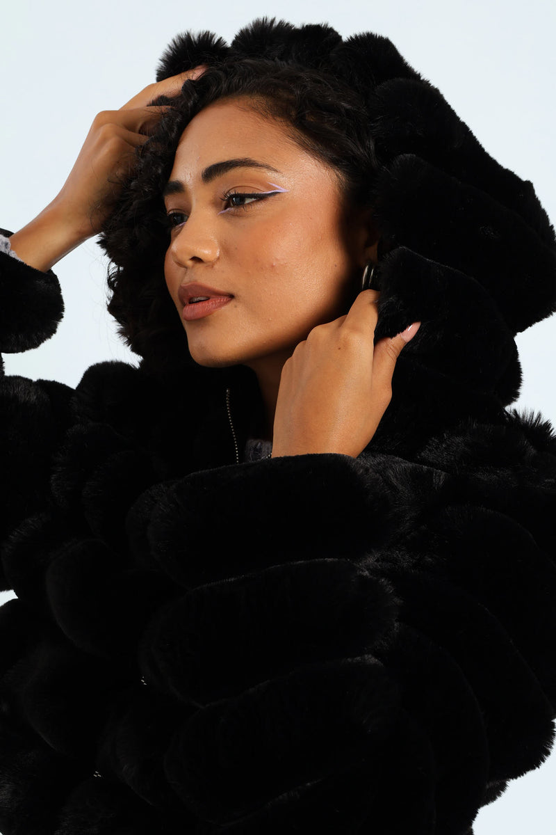 Faux Fur Quilted Hooded Jacket - Black