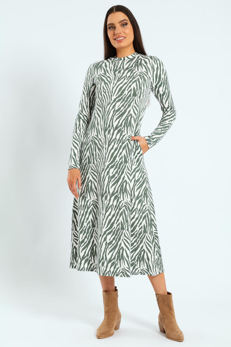 Printed A-Line Midaxi Dress - Fatigue/Cream