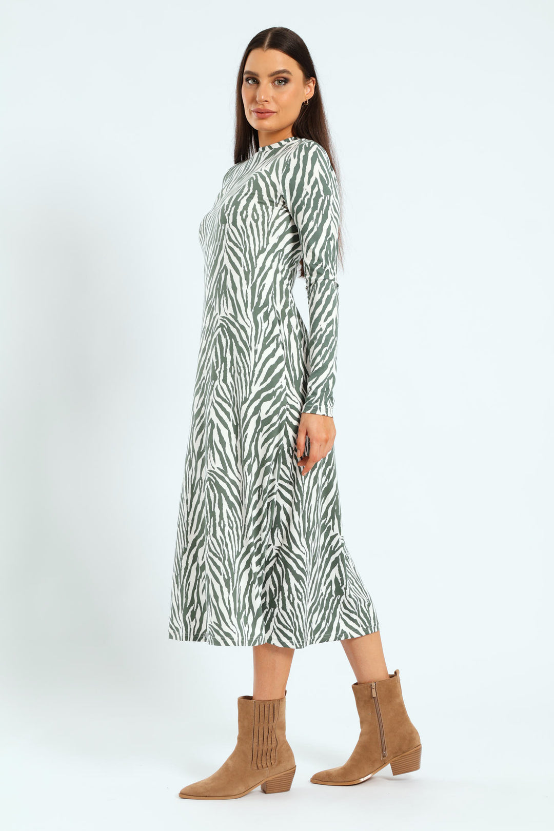 Printed A-Line Midaxi Dress - Fatigue/Cream