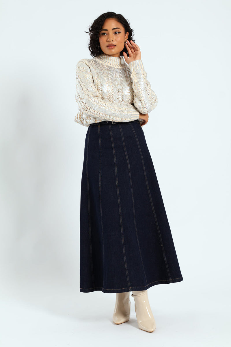 Metallic Polo Neck Knit Sweater - Silver