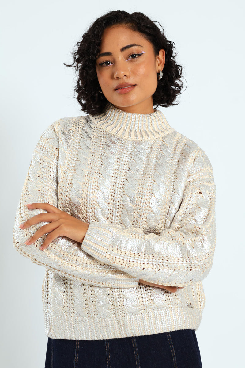 Metallic Polo Neck Knit Sweater - Silver