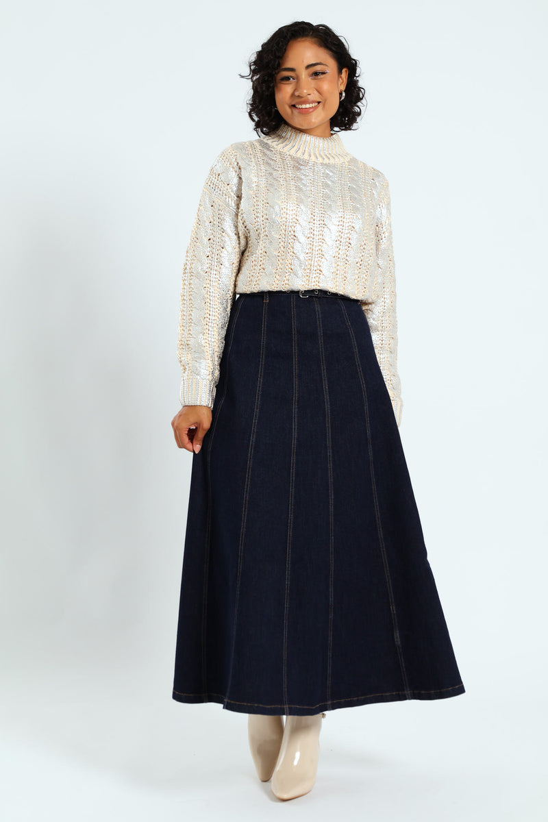 High Waist A-Line Skirt With Self Belt - Dark Wash