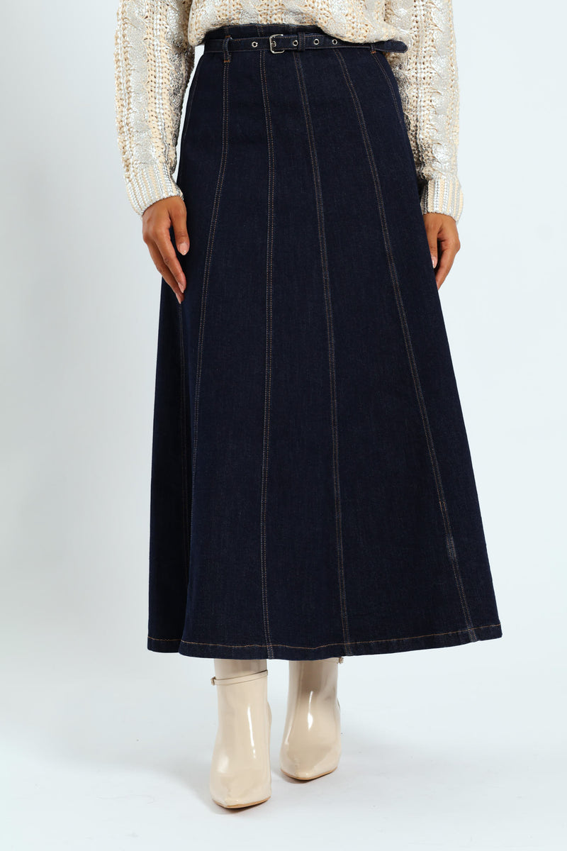 High Waist A-Line Skirt With Self Belt - Dark Wash
