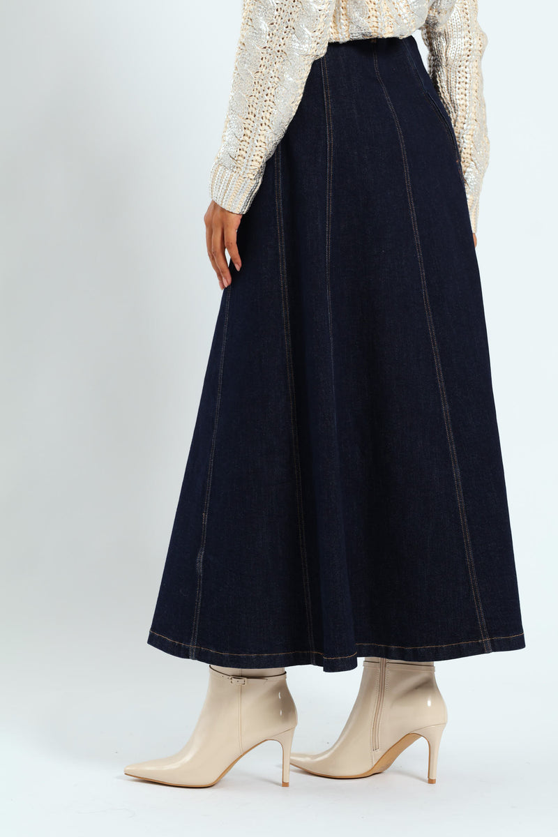 High Waist A-Line Skirt With Self Belt - Dark Wash