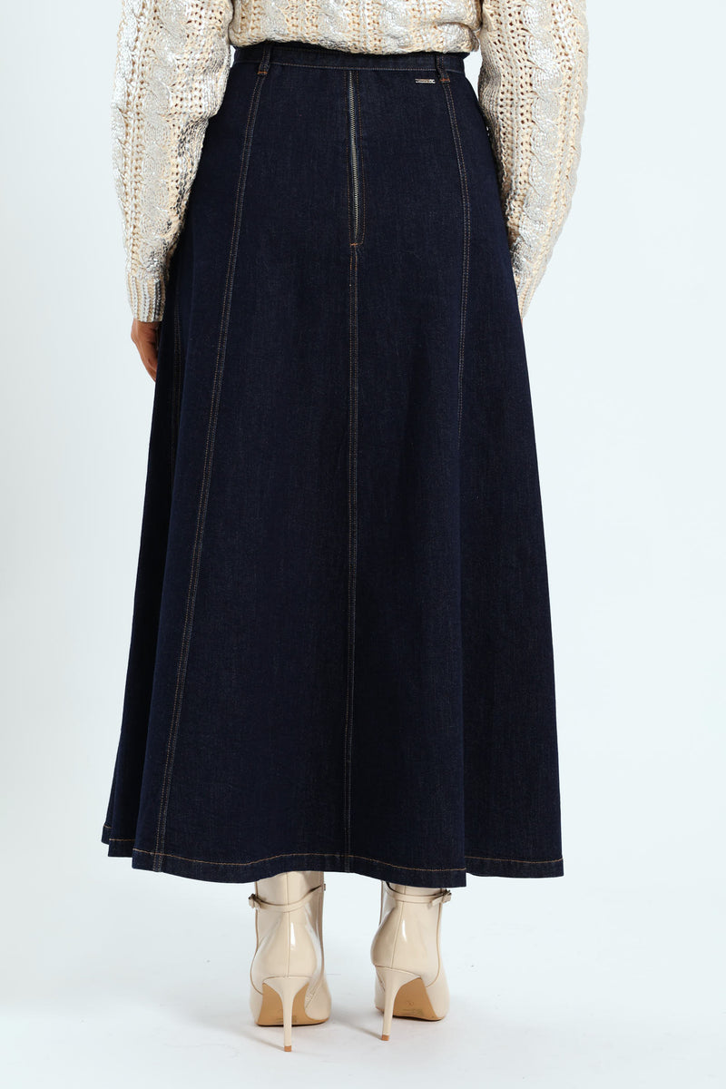 High Waist A-Line Skirt With Self Belt - Dark Wash