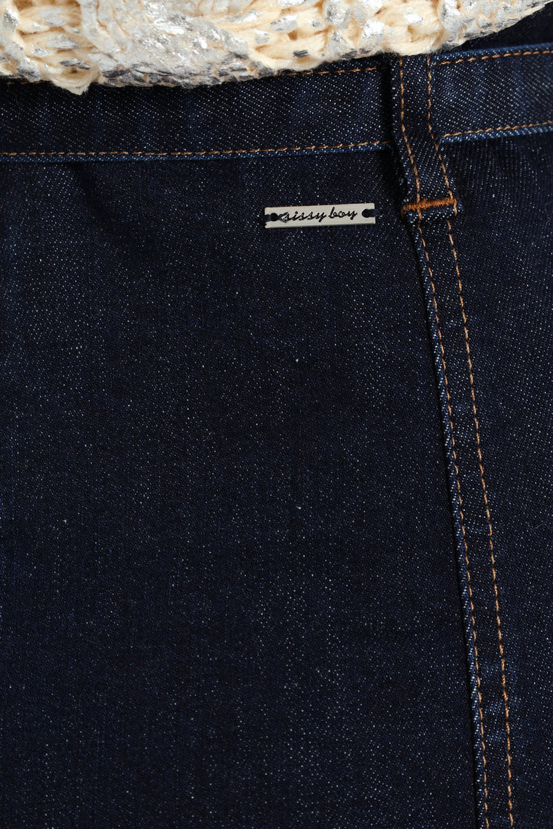 High Waist A-Line Skirt With Self Belt - Dark Wash