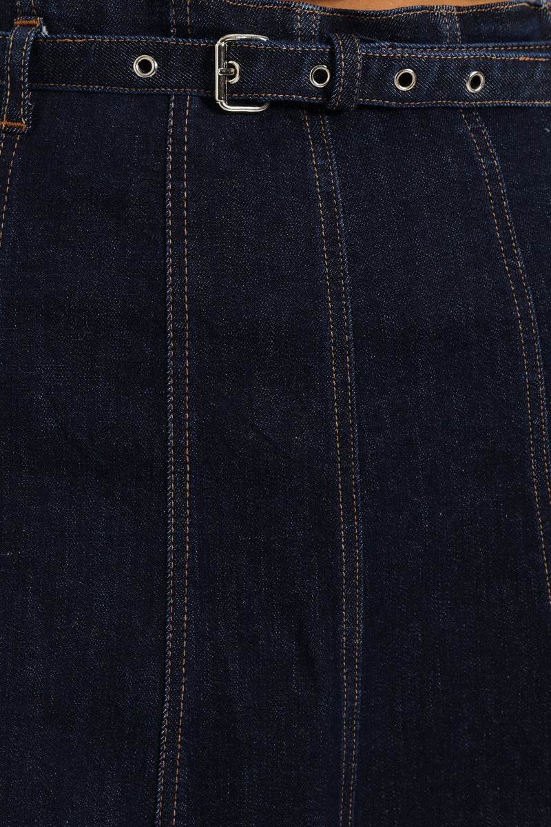 High Waist A-Line Skirt With Self Belt - Dark Wash