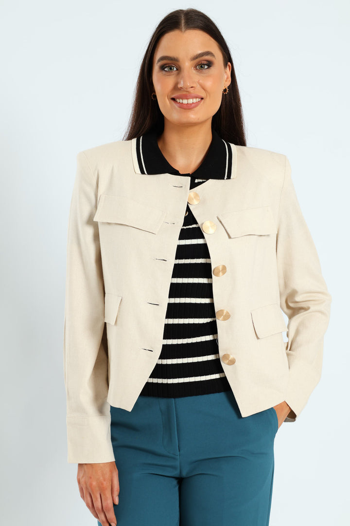 Collarless Linen Blazer - Cream