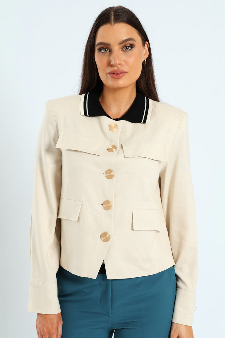 Collarless Linen Blazer - Cream