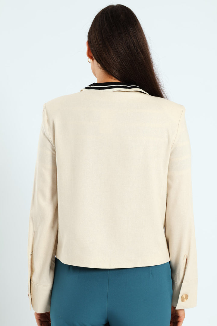 Collarless Linen Blazer - Cream